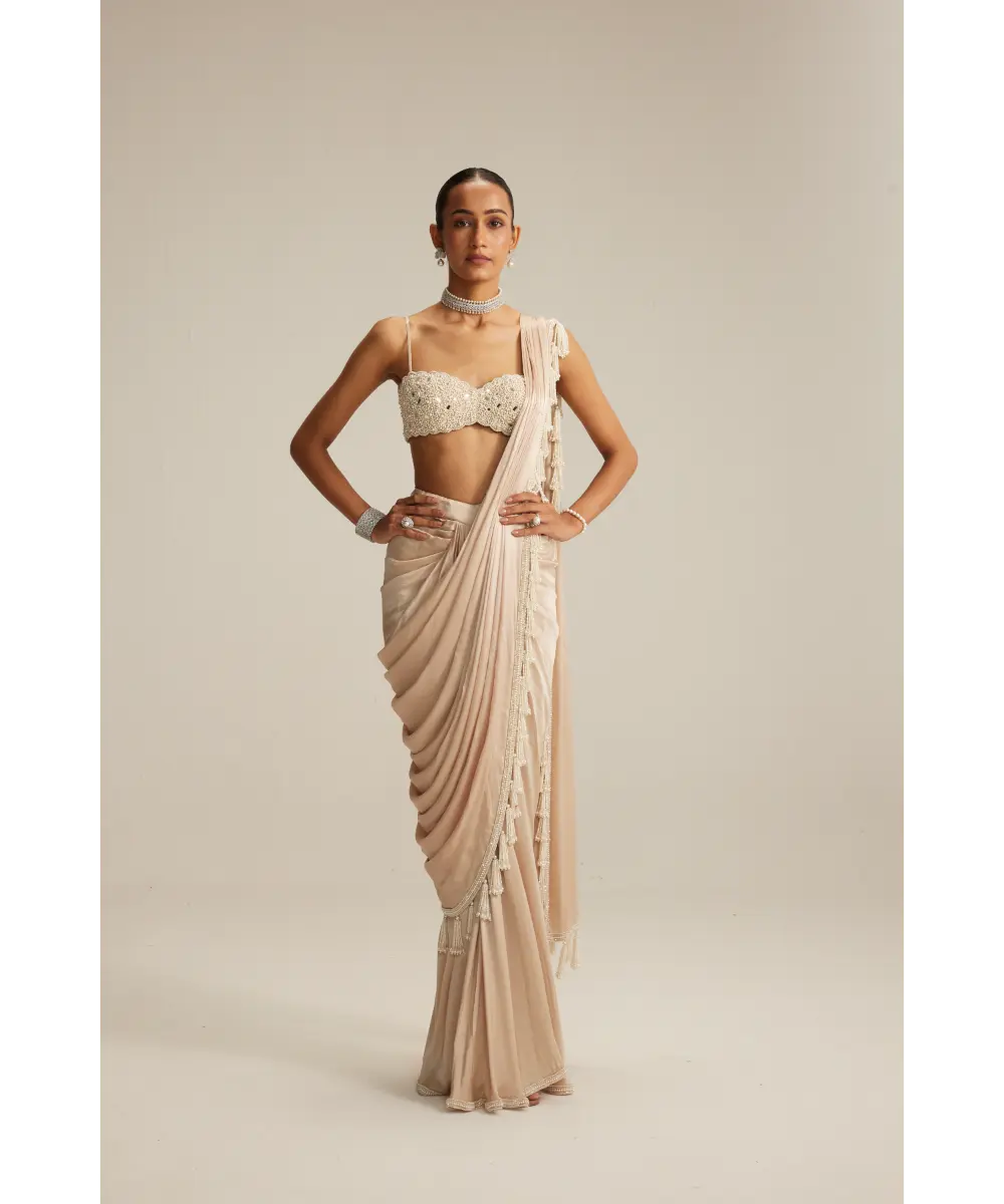 VVANI VATS- Light Beige mirror and pearl Satin Draped Saree set